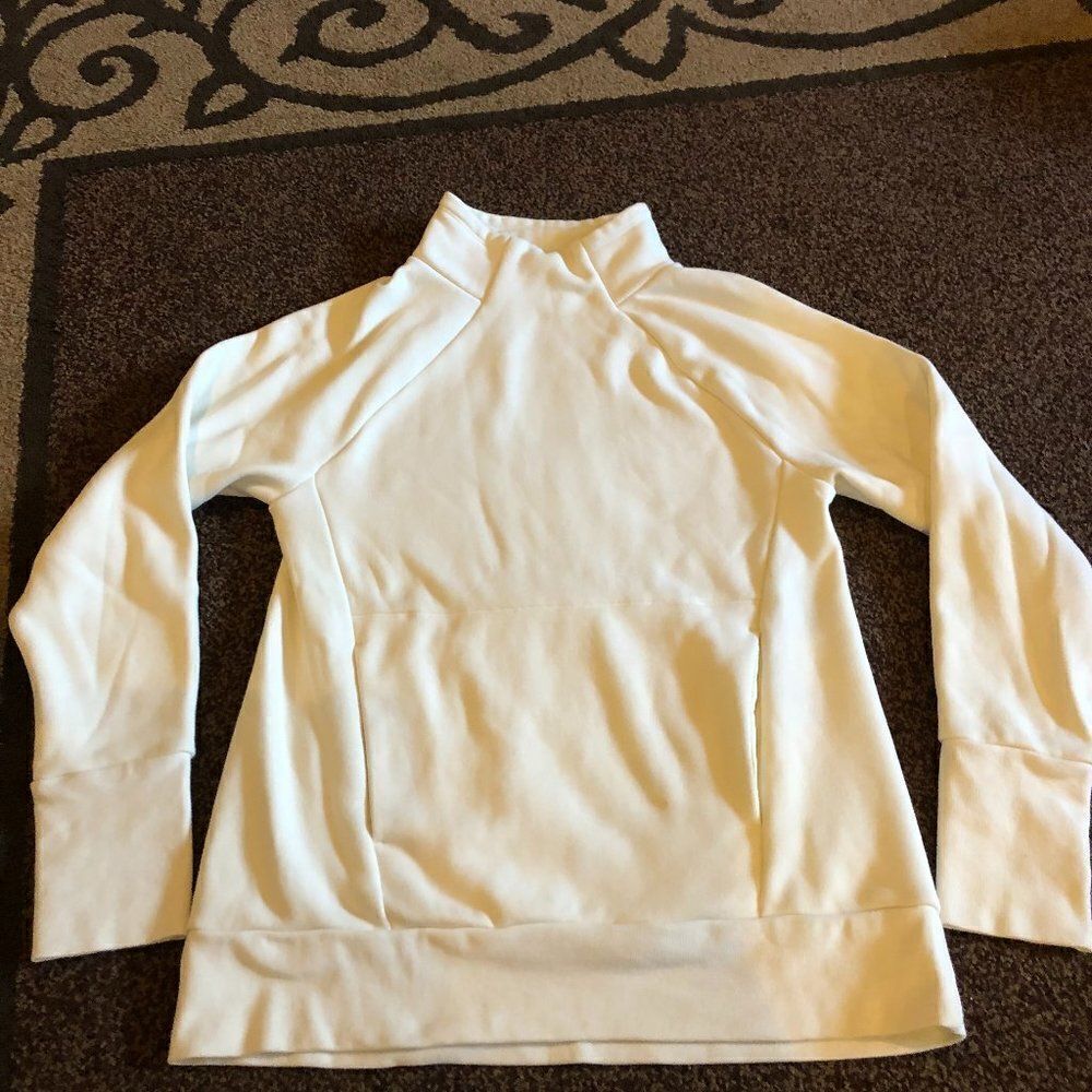 Fabletics Sz XS Ivory Mock Neck Sweatshirt Pullover Pockets Thumbholes.       SB